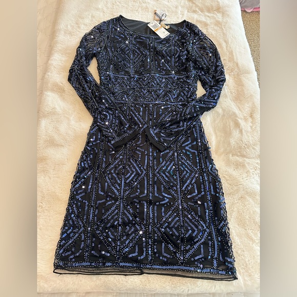 MOLLY BRACKEN SHEER LONG SLEEVE SEQUIN MINI DRESS navy blue size S - Picture 4 of 11